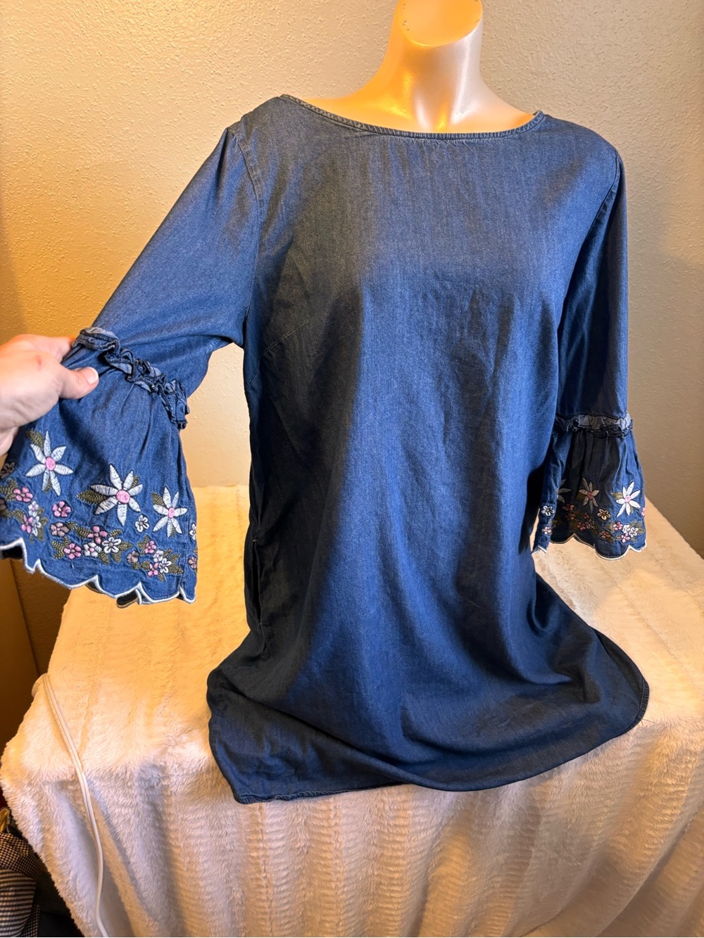 Embroidered Denim Midi Dress - Blue Boho Cottagecore - Picture 5 of 10